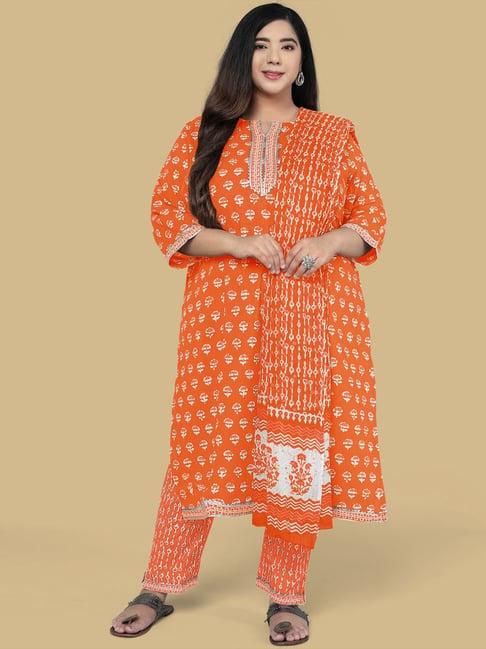 mirchi fashion cotton orange printed kurta pant set with dupatta