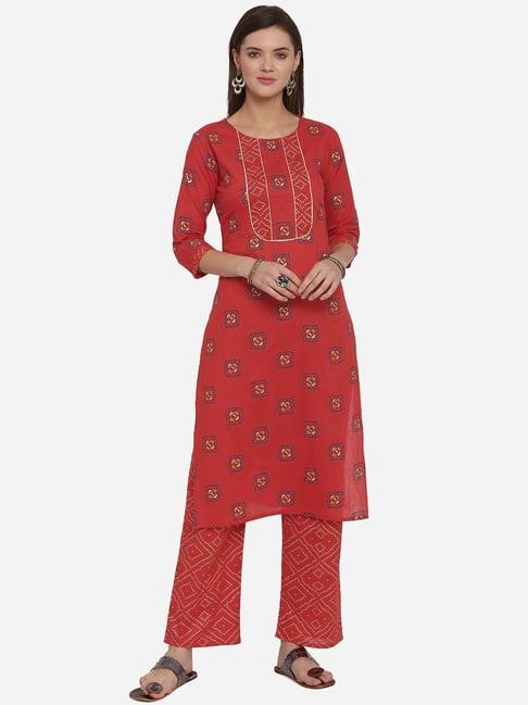 mirchi fashion cotton red printed kurta palazzo set