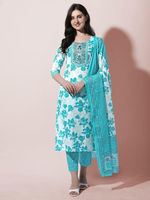 mirchi fashion cotton white & turquoise embroidered kurta pant set with dupatta