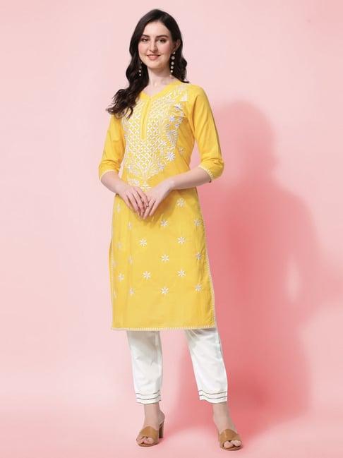 mirchi fashion cotton yellow & white embroidered kurta pant set