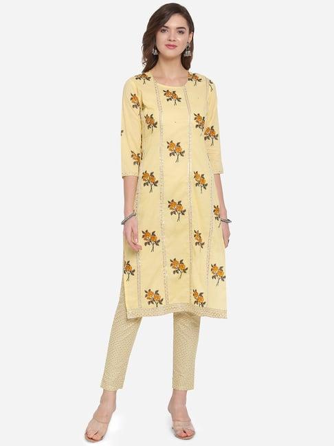 mirchi fashion cotton yellow embellished kurta pants set