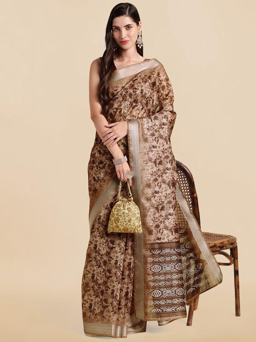 mirchi fashion cream-coloured & brown floral printed zari saree