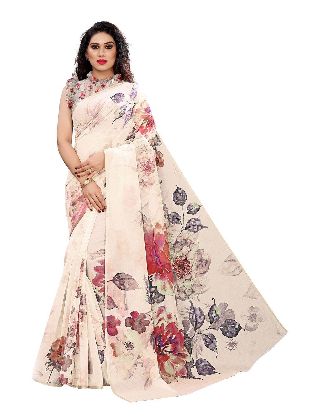 mirchi fashion cream-coloured & red floral organza bagh saree