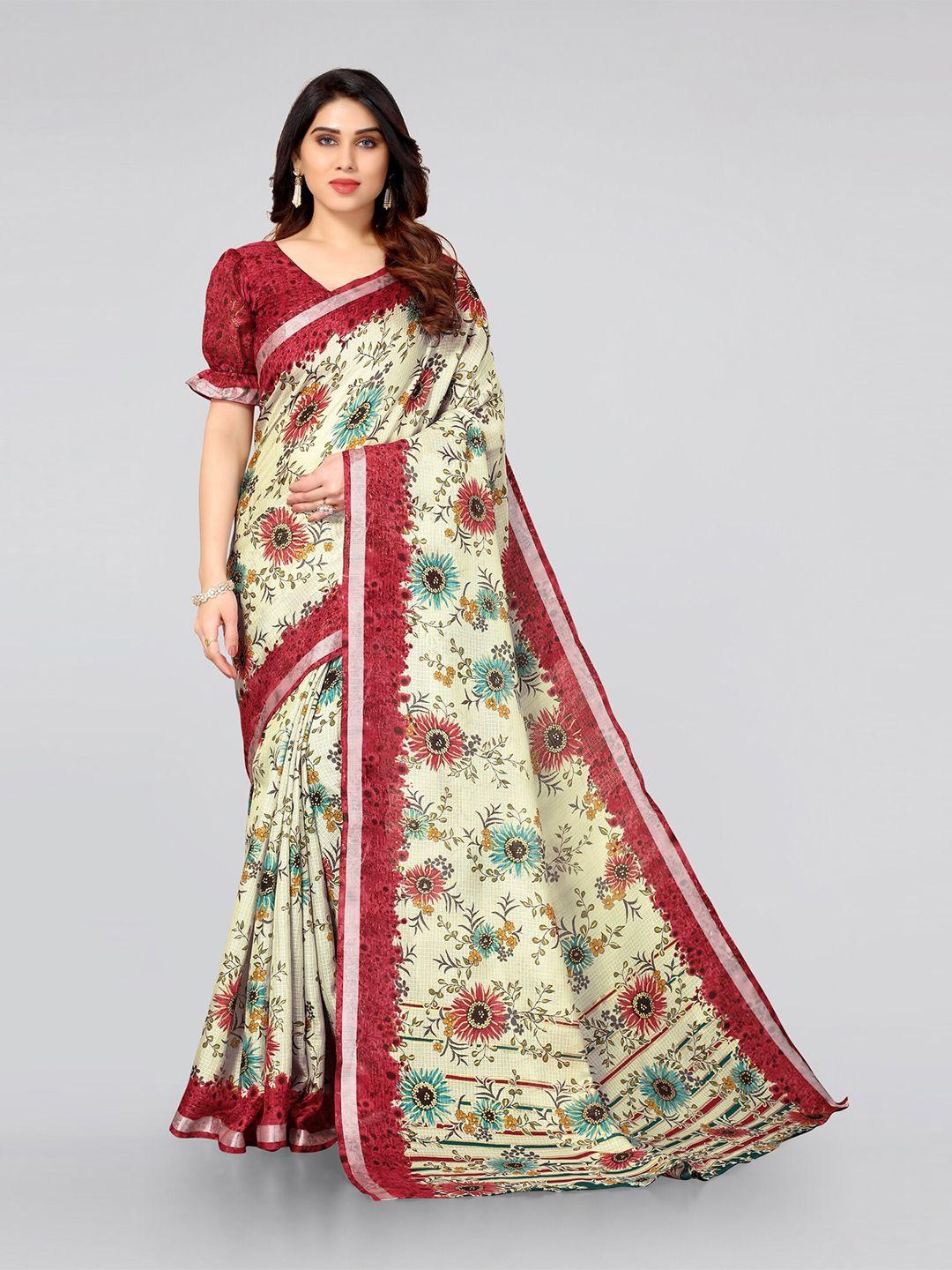 mirchi fashion cream-coloured & red floral zari bagh saree