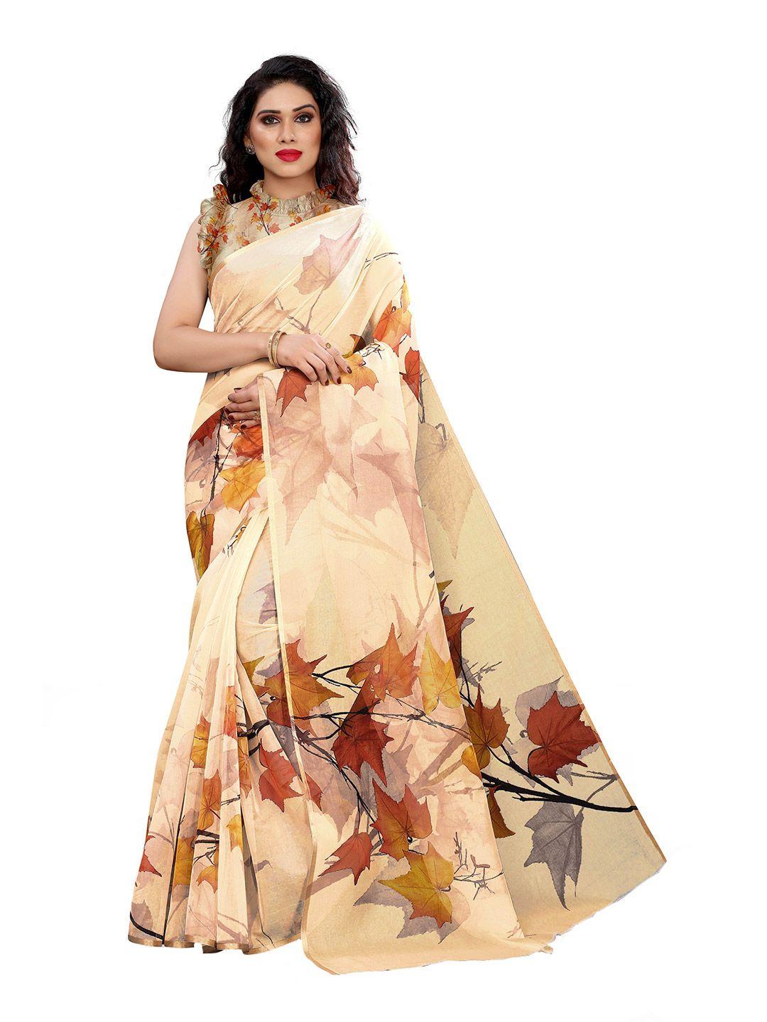 mirchi fashion cream-coloured floral organza bagh saree