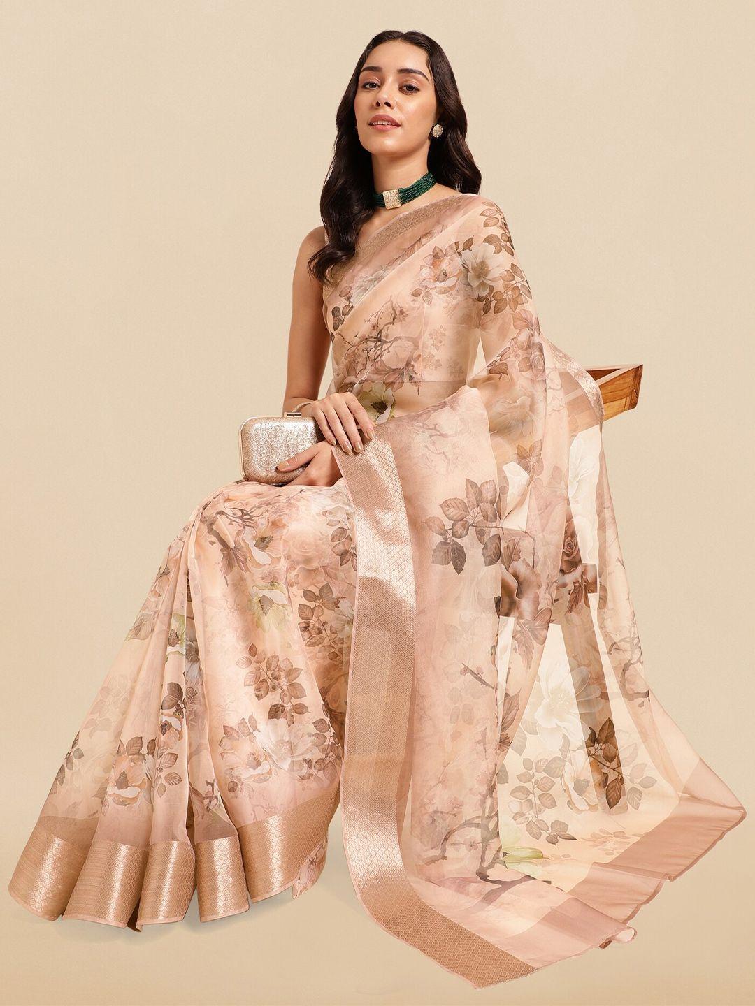 mirchi fashion cream-coloured floral printed zari organza saree