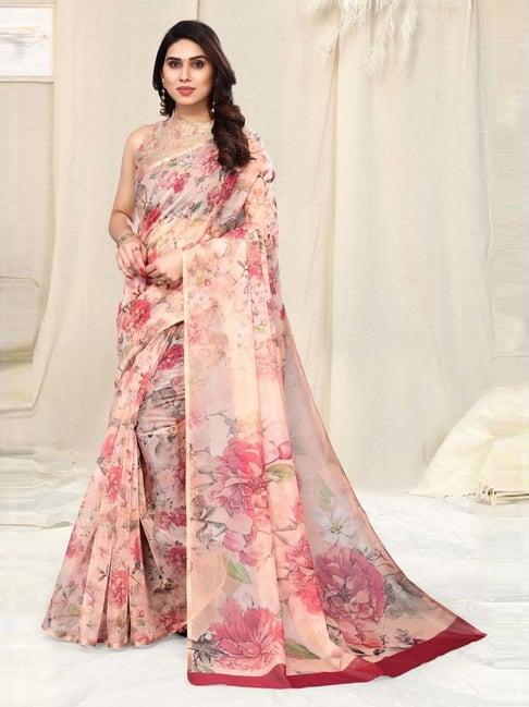 mirchi fashion cream floral print saree with unstitched blouse