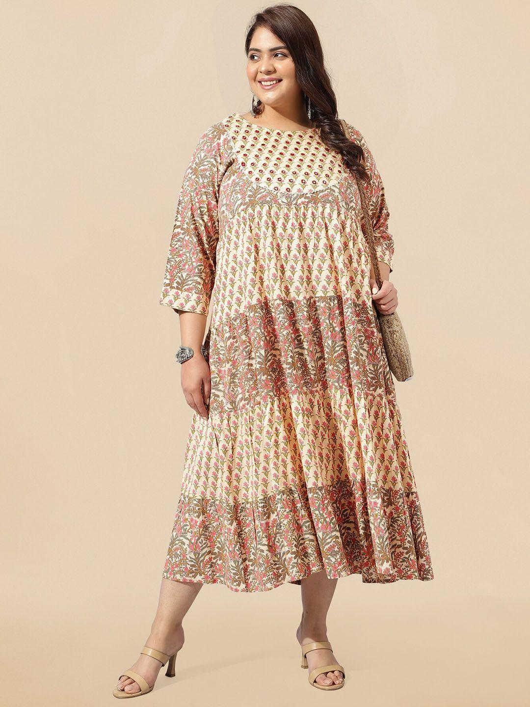 mirchi fashion cream plus size floral printed embroidered tiered empire ethnic dress