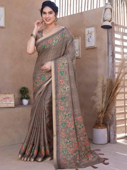 mirchi fashion dusty brown floral print saree with unstitched blouse