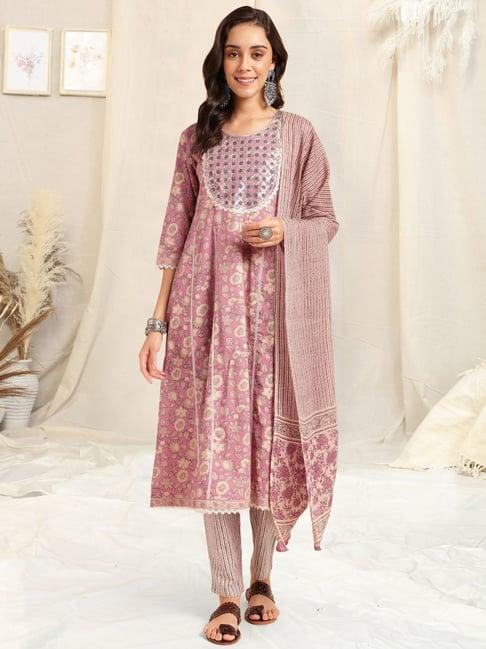 mirchi fashion dusty pink cotton printed kurta pant set with dupatta