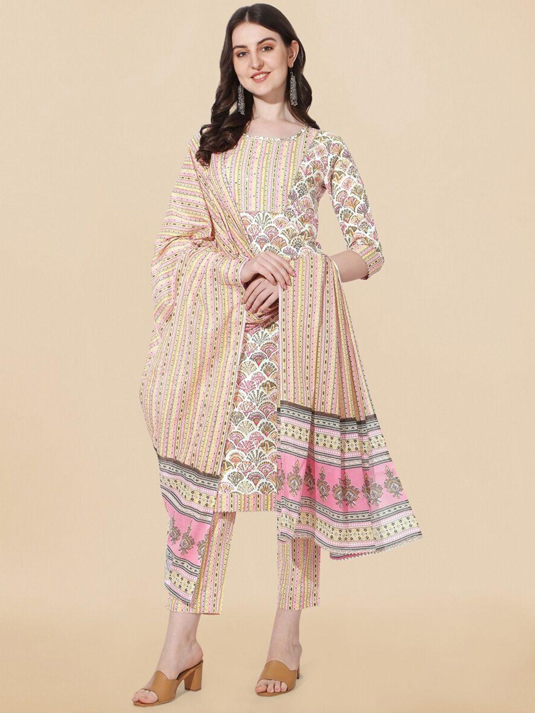 mirchi fashion ethnic motifs printed pure cotton round neck kurta with trousers & dupatta