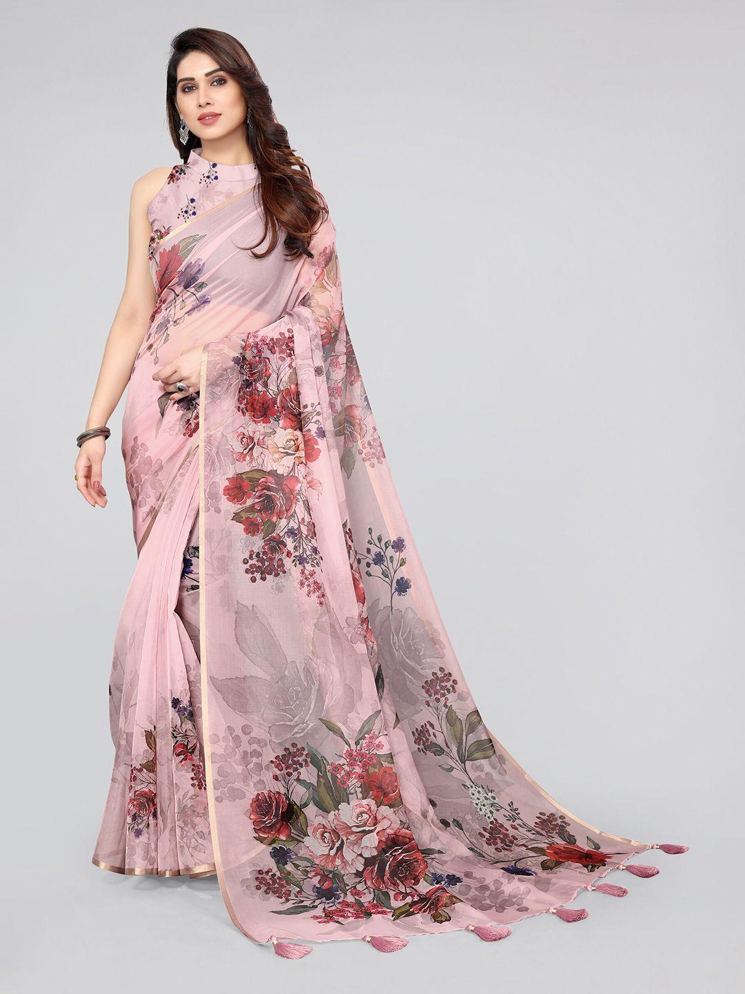 mirchi fashion floral printed zari organza saree