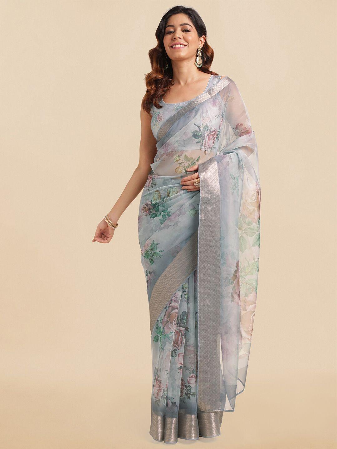 mirchi fashion floral printed zari organza saree