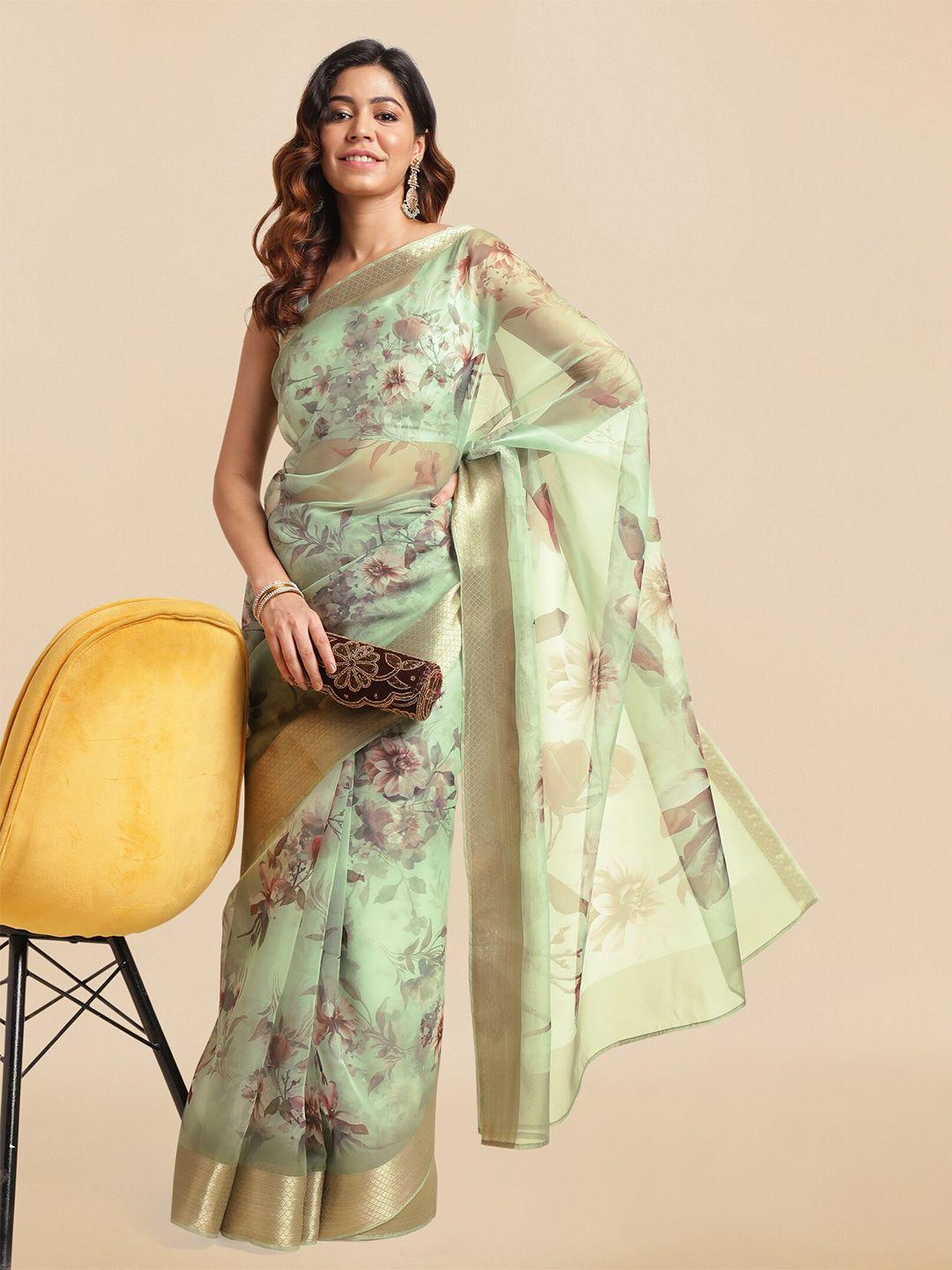 mirchi fashion floral printed zari organza saree