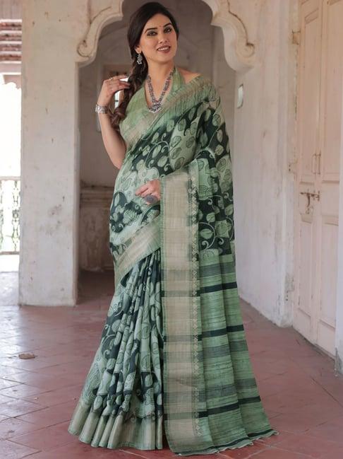 mirchi fashion forest green floral print saree with unstitched blouse