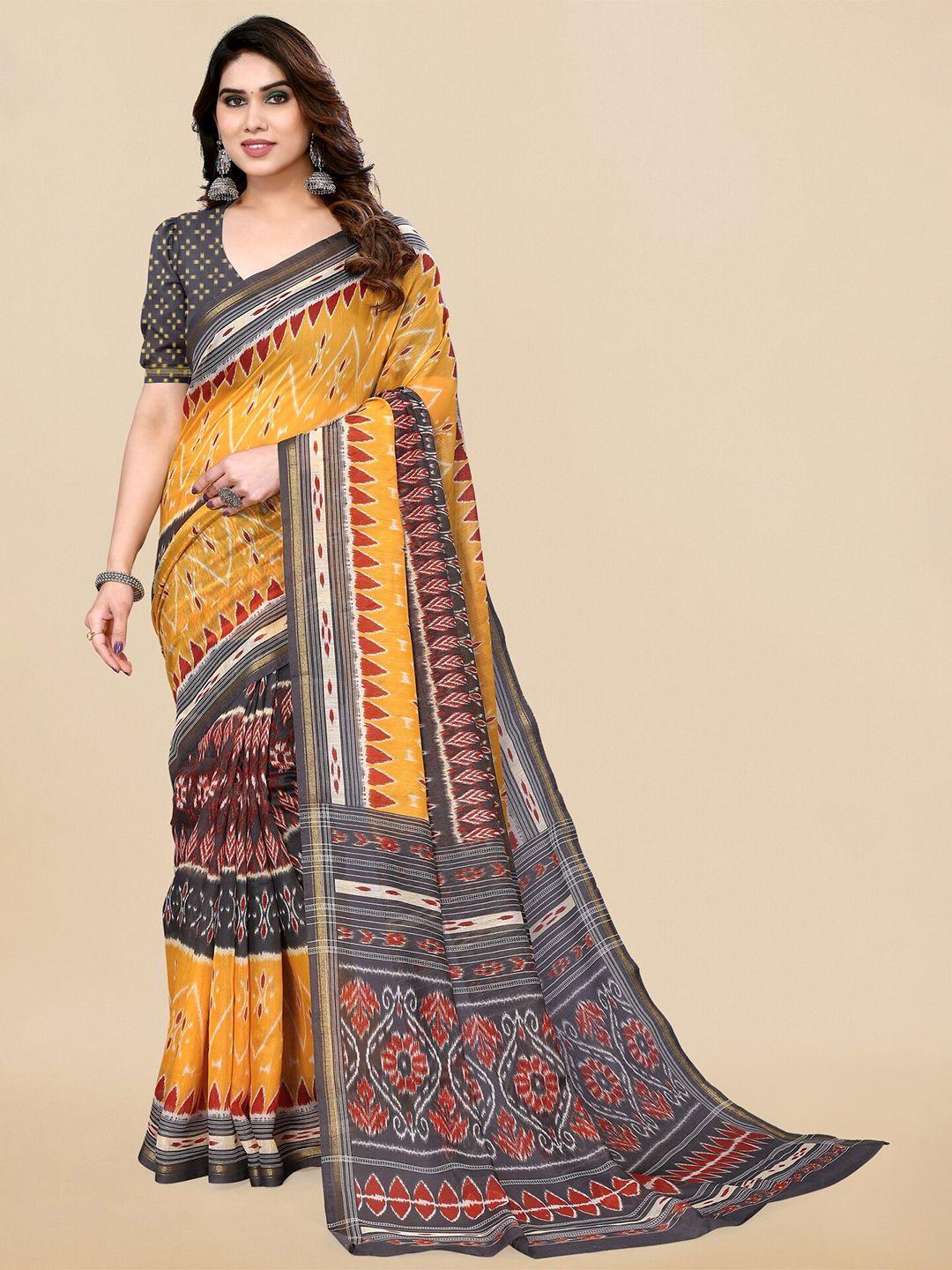 mirchi fashion geometric printed zari ikat saree