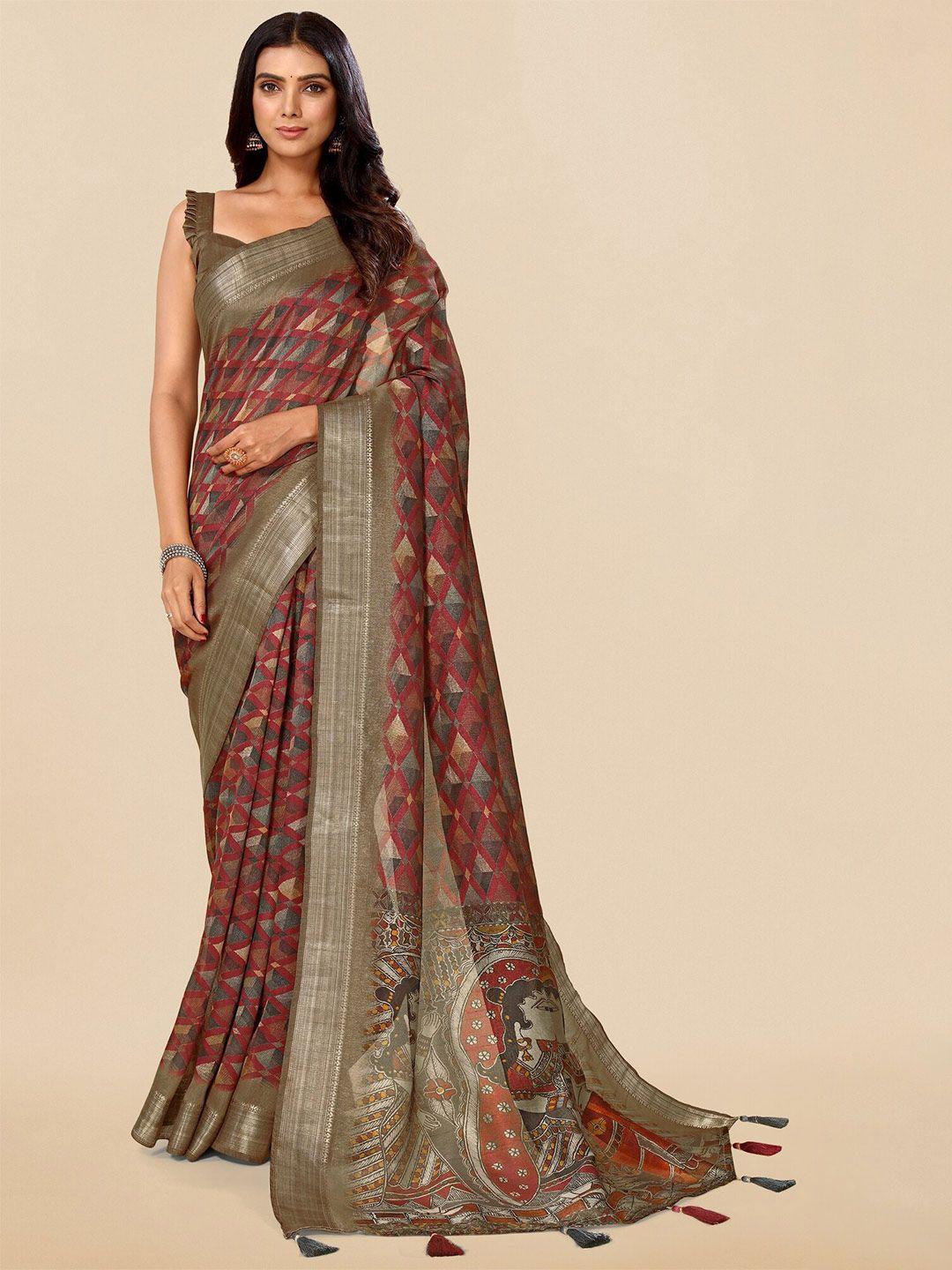 mirchi fashion geometric printed zari saree