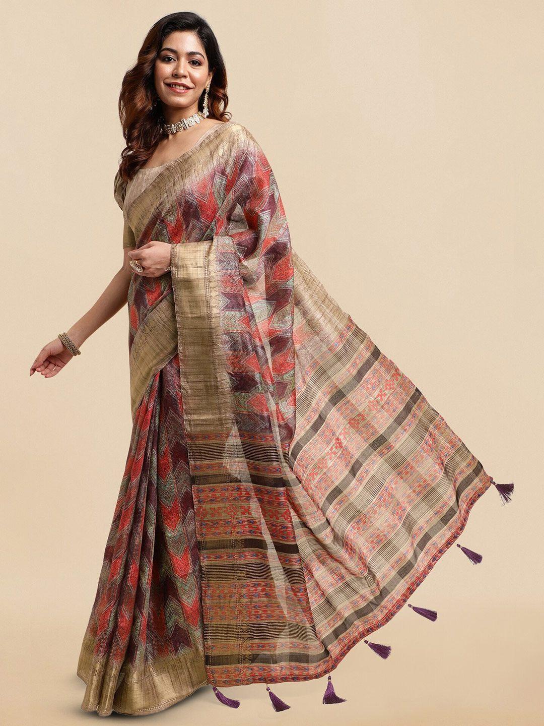 mirchi fashion geometric printed zari saree