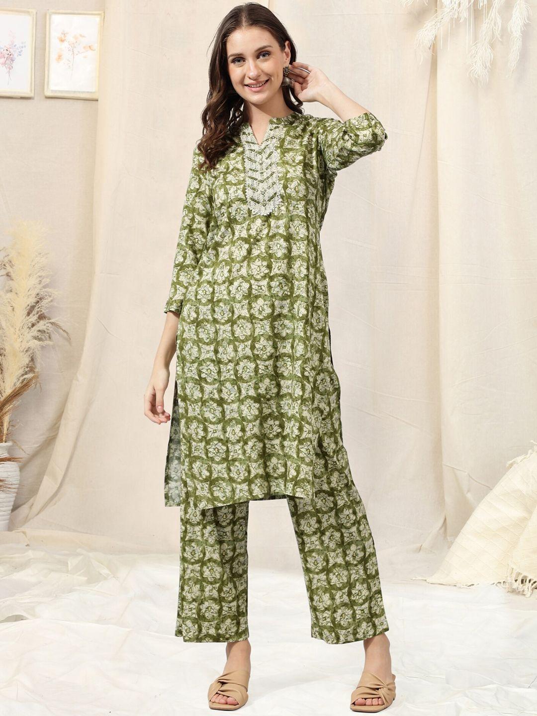 mirchi fashion green & cream coloured printed mirror work kurta with palazzos