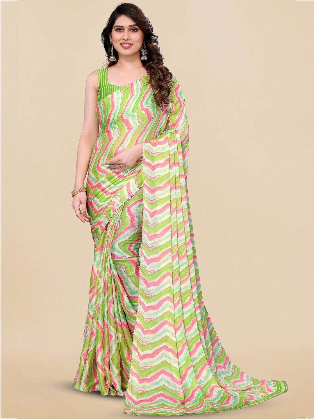 mirchi fashion green & pink leheriya printed gotta patti poly chiffon leheriya saree