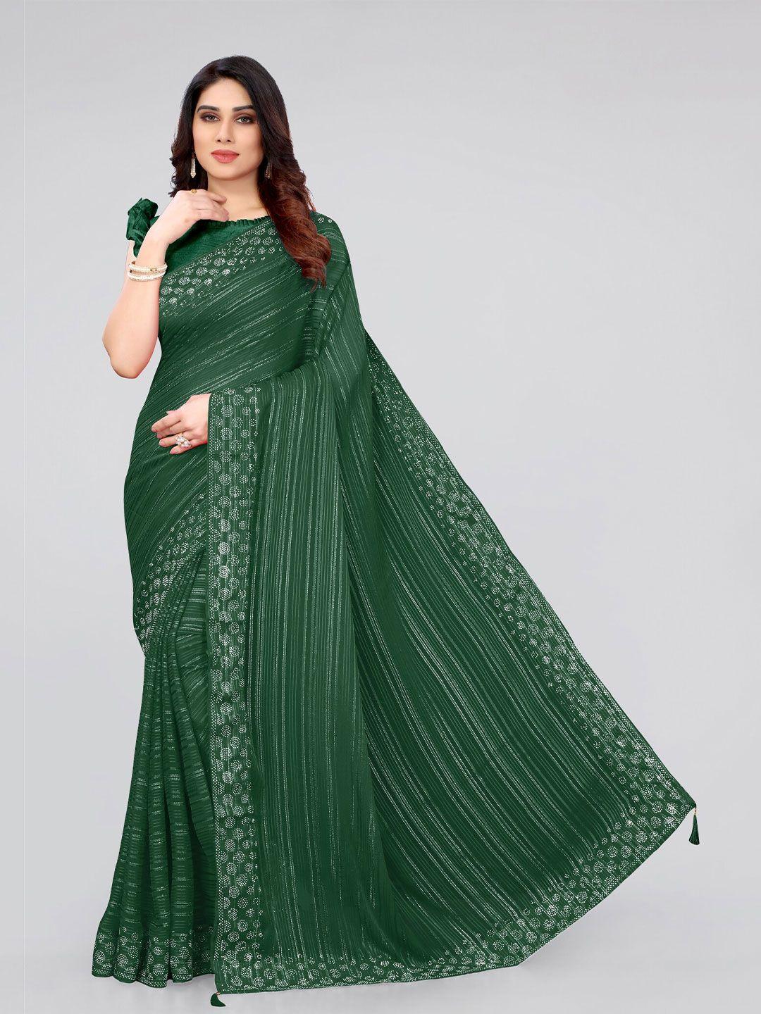 mirchi fashion green & silver-toned striped  poly georgette saree