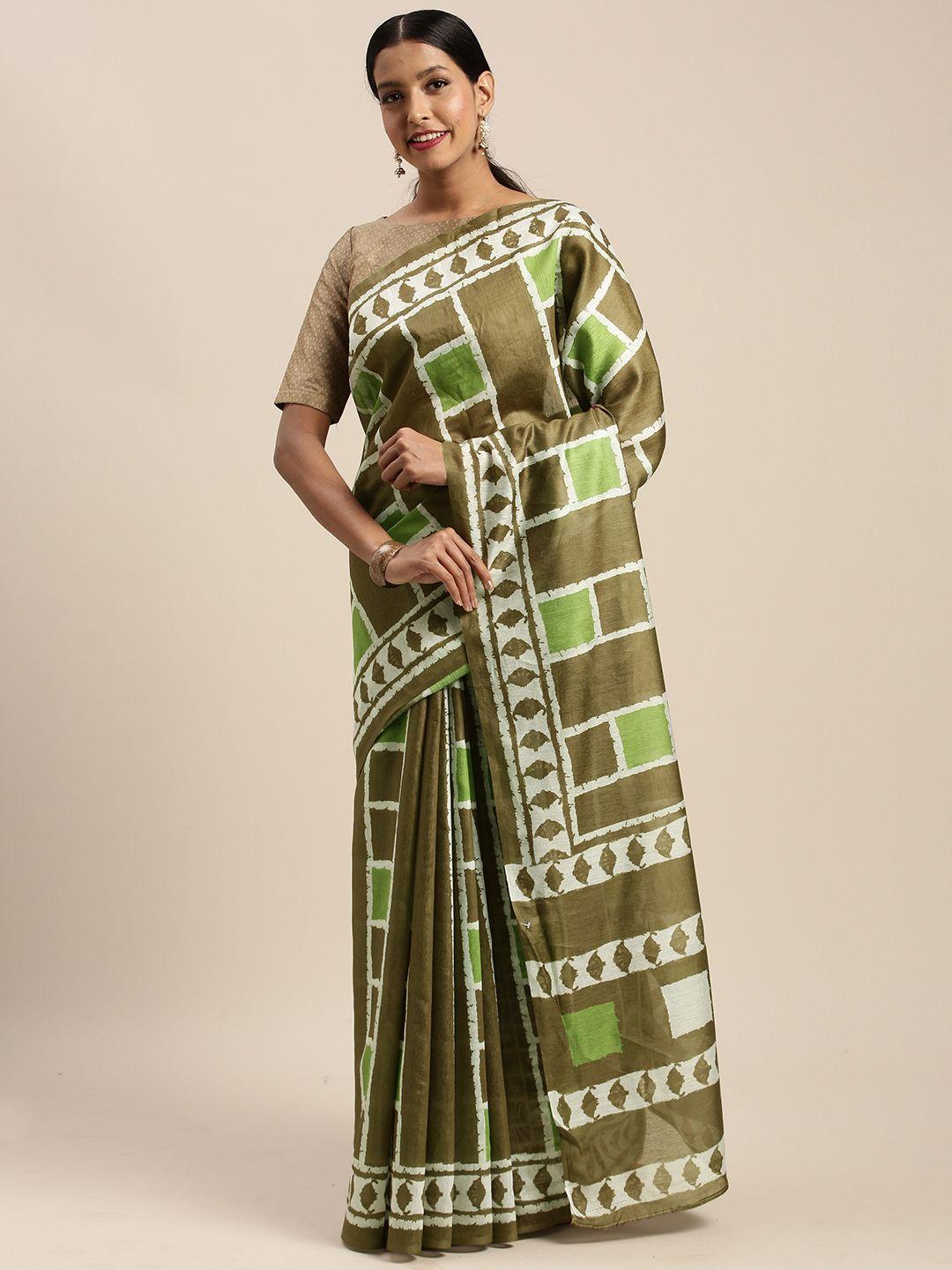 mirchi fashion green & white pure cotton printed saree