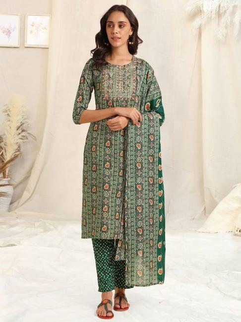 mirchi fashion green cotton embroidered kurta pant set with dupatta