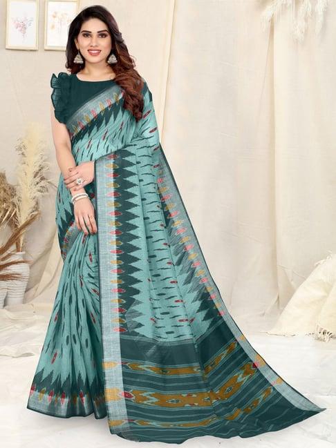 mirchi fashion green cotton ikkat print saree with unstitched blouse piece