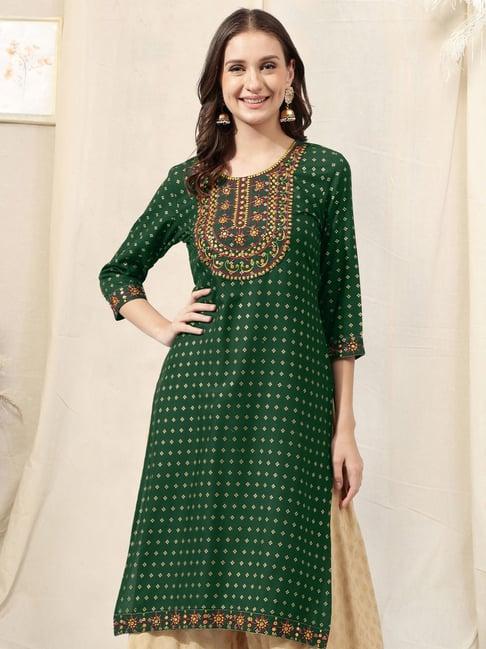 mirchi fashion green embroidered straight kurta