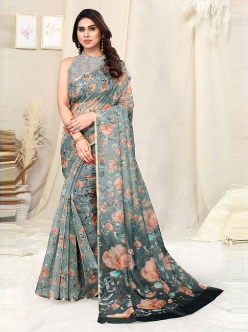 mirchi fashion green floral print saree with unstitched blouse