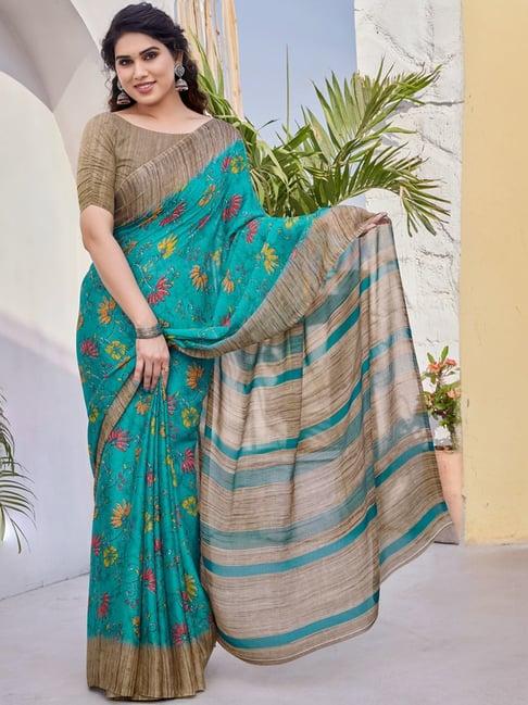 mirchi fashion green floral print saree with unstitched blouse