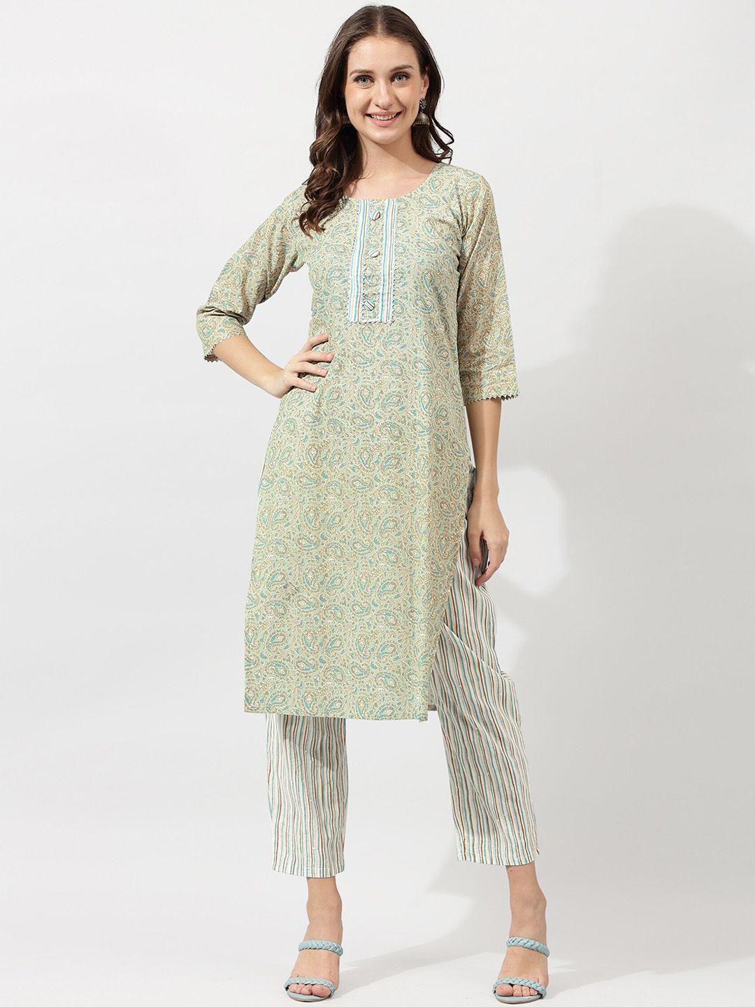 mirchi fashion green paisley printed regular gotta patti pure cotton kurta with trousers