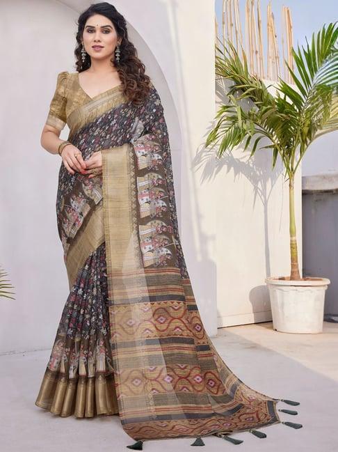 mirchi fashion grey & beige floral print saree with unstitched blouse