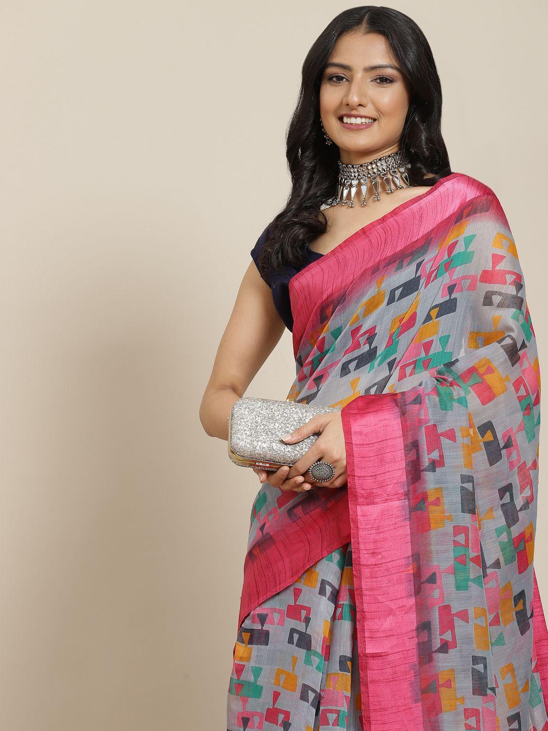 mirchi fashion grey & mustard yellow abstract printed saree