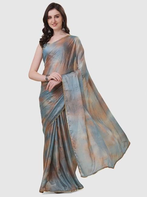 mirchi fashion grey & peach printed saree with unstitched blouse