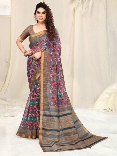 mirchi fashion grey & pink floral print saree with unstitched blouse piece