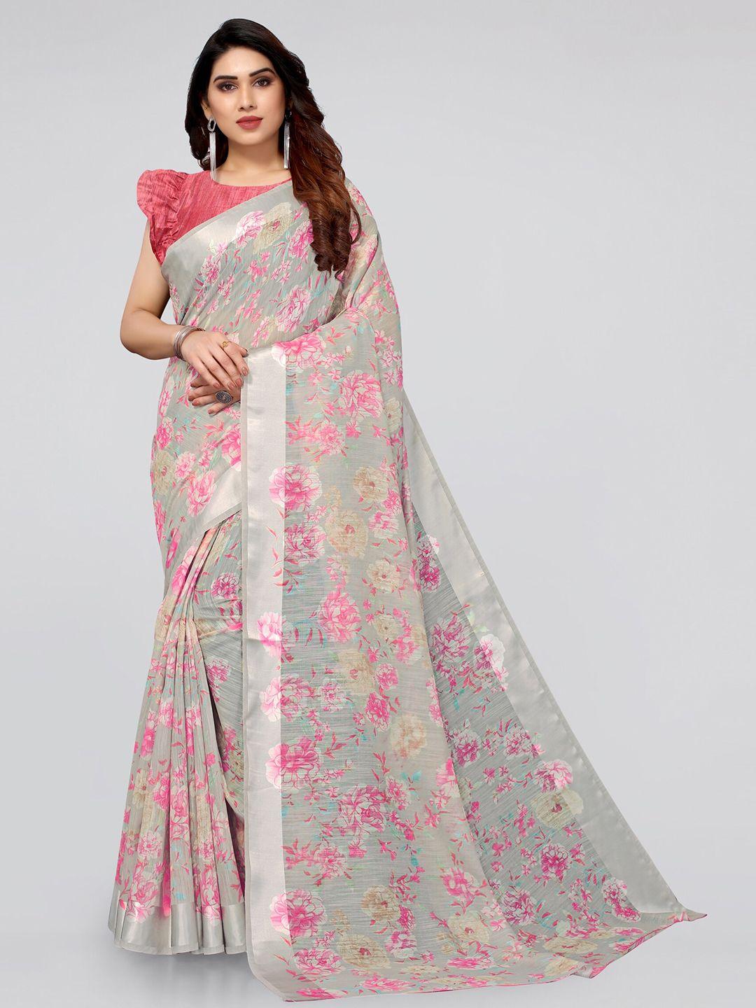 mirchi fashion grey & pink floral printed saree