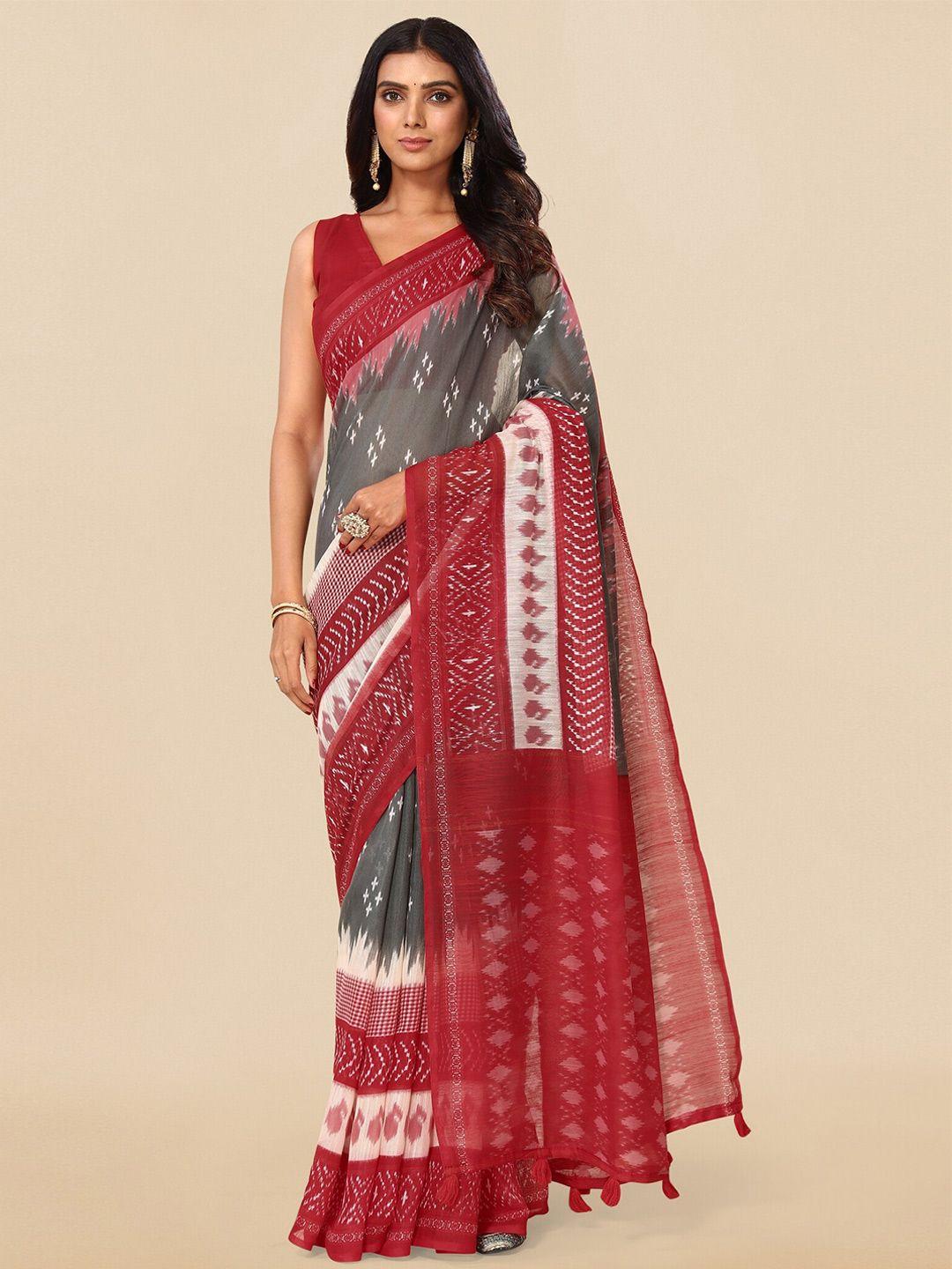 mirchi fashion grey & red geometric printed ikat saree