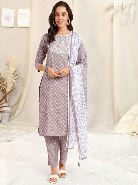 mirchi fashion grey cotton printed kurta pant set with dupatta