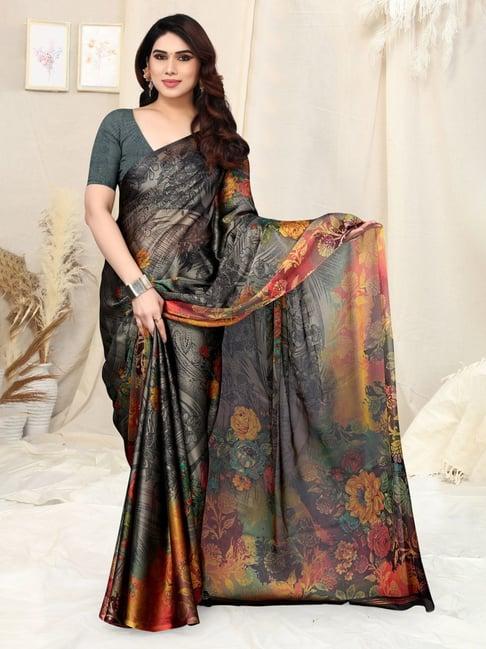 mirchi fashion grey floral print saree with unstitched blouse piece