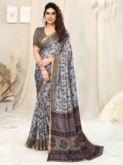 mirchi fashion grey floral print saree with unstitched blouse piece