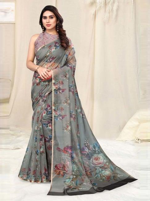 mirchi fashion grey floral print saree with unstitched blouse