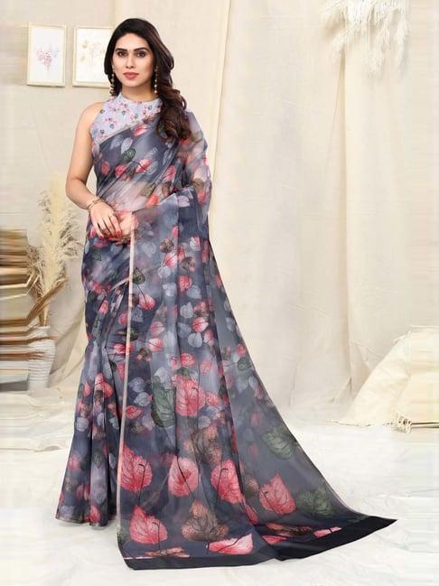 mirchi fashion grey floral print saree with unstitched blouse