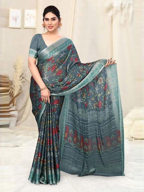 mirchi fashion grey floral print saree with unstitched blouse