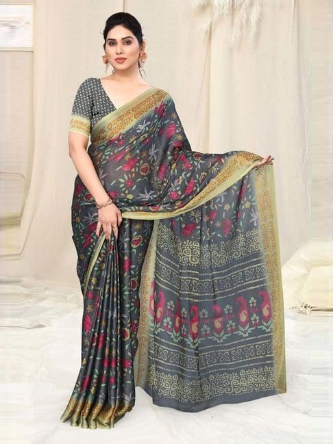 mirchi fashion grey floral print saree with unstitched blouse