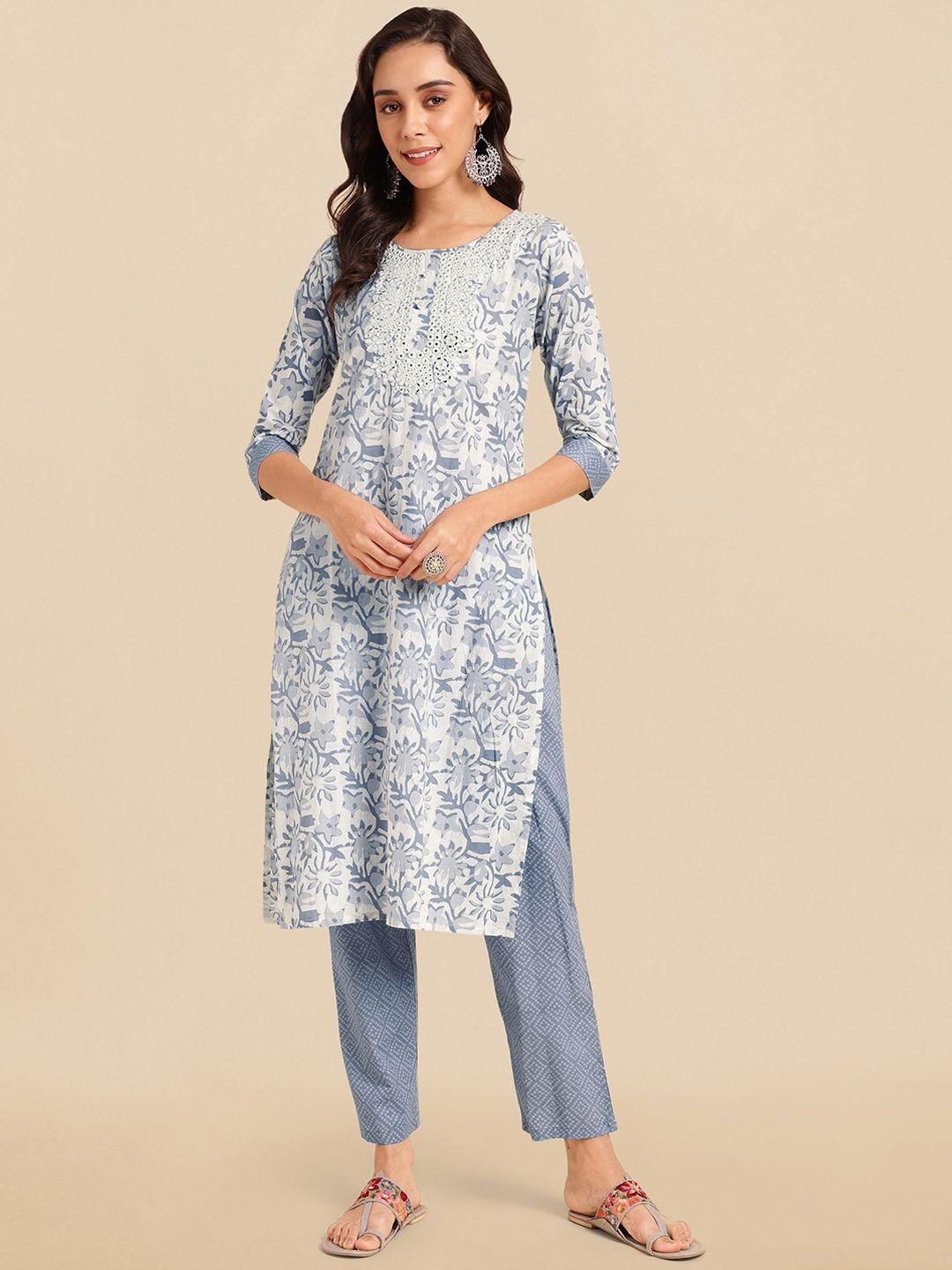 mirchi fashion grey floral printed mirror work pure cotton kurta with trousers