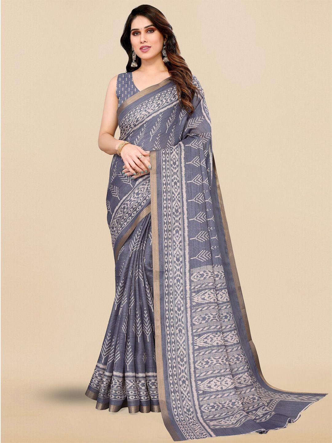 mirchi fashion grey geometric printed zari ikat saree