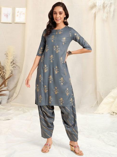 mirchi fashion grey printed kurta salwar set