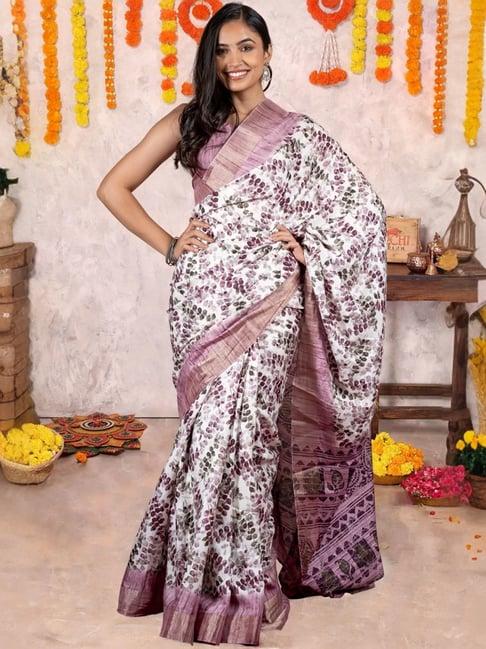 mirchi fashion ivory white printed saree with unstitched blouse