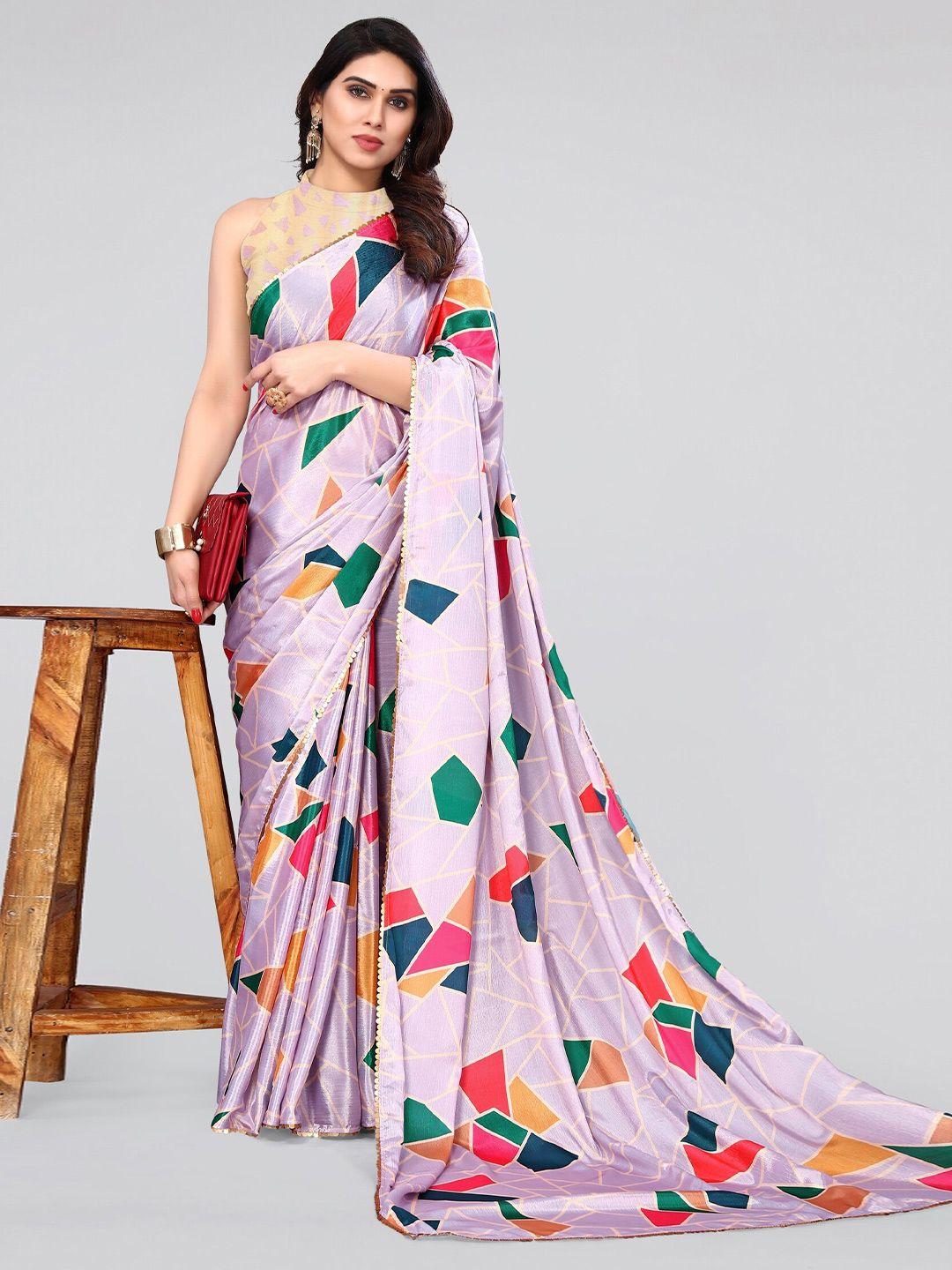 mirchi fashion lavender & green geometric printed satin saree